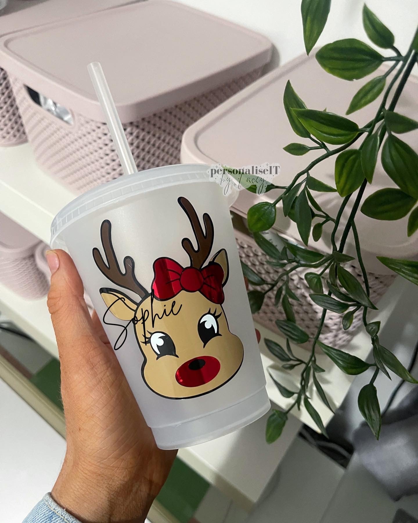 Personalised Christmas Cold Cup - Santa, Reindeer and Reindeer with Bow.